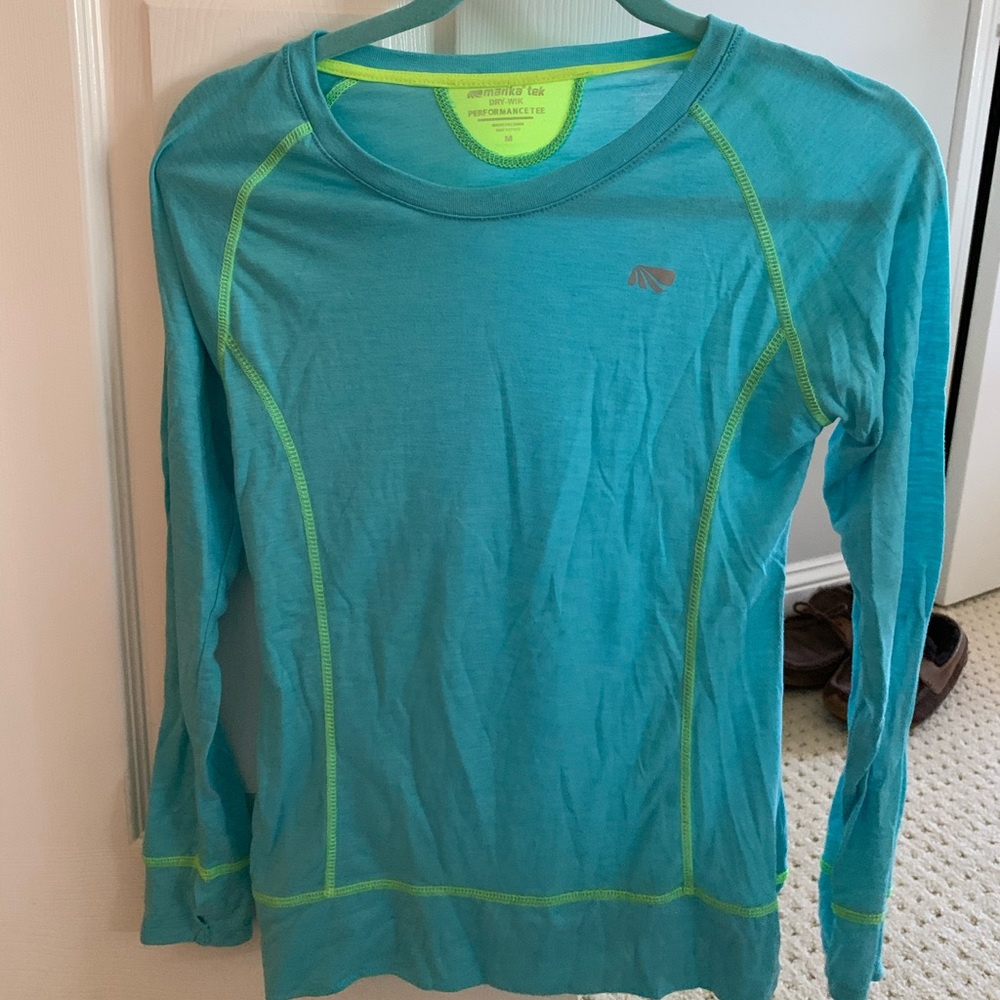 yellow and blue long sleeve workout or comfort tee